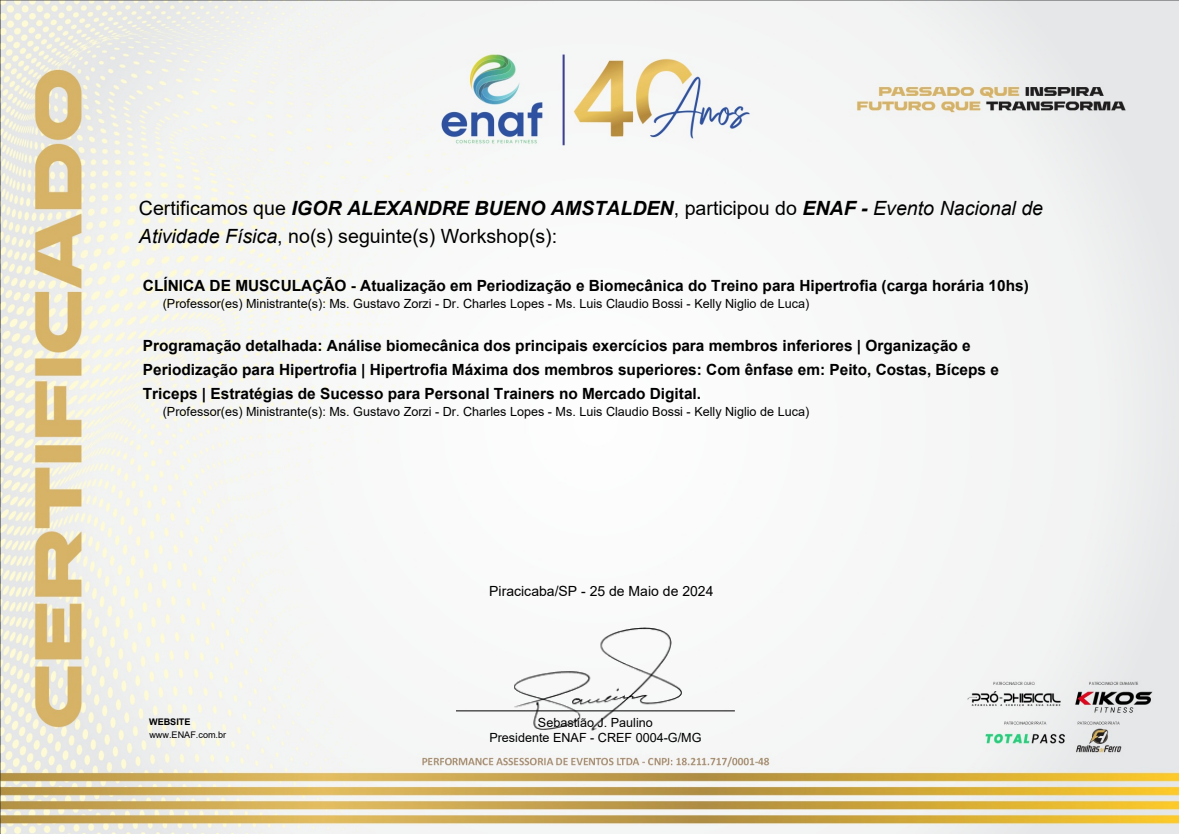Certificado de Clínica de Musculação: Periodização e Biomecânica do Treino para Hipertrofia, em nome de Igor Amstalden