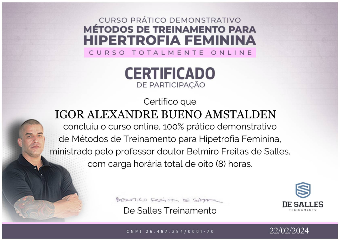Certificado de Métodos de Treinamento para Hipertrofia Feminina, em nome de Igor Amstalden