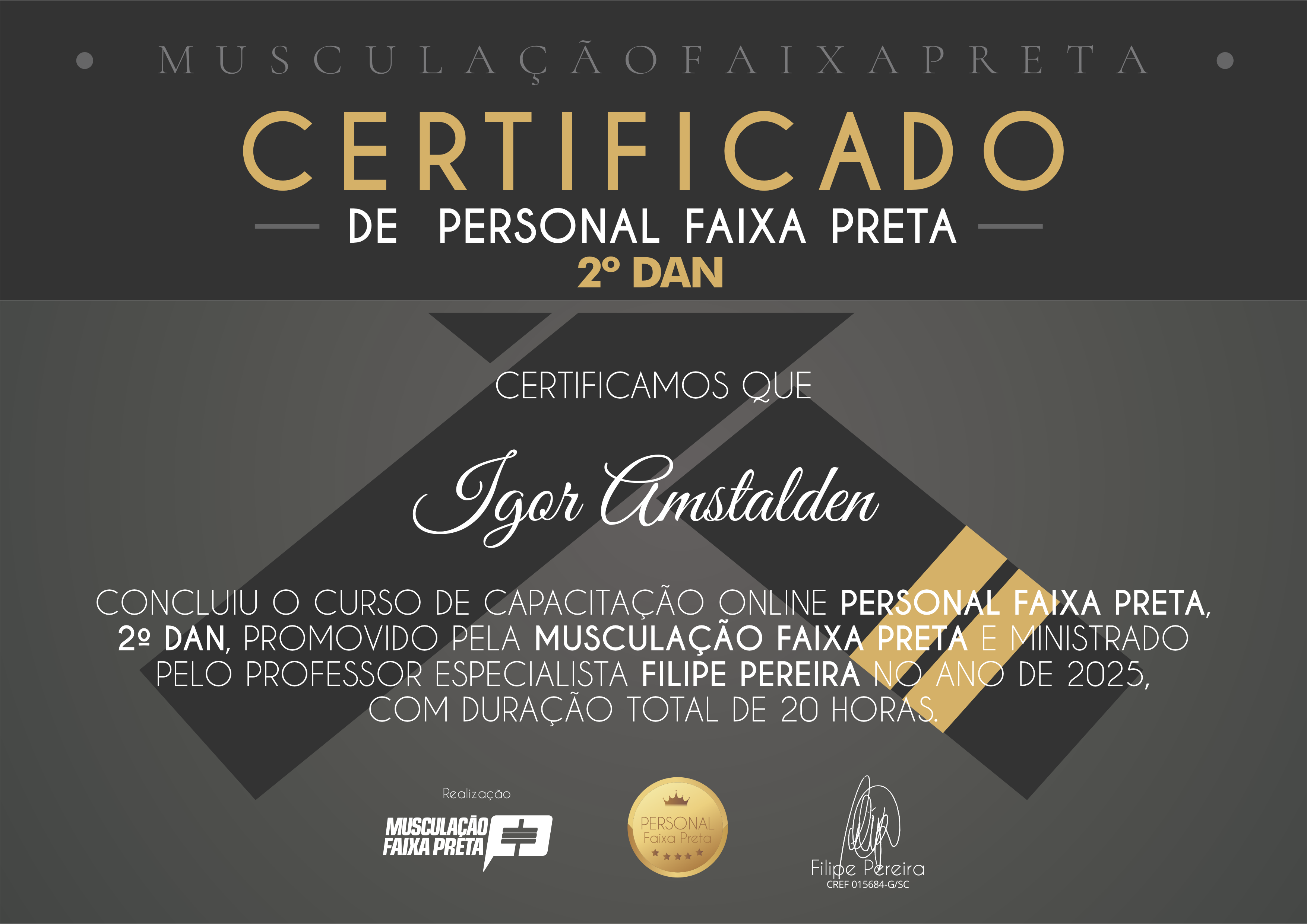 Certificado de Personal Faixa Preta — 2º Dan, em nome de Igor Amstalden