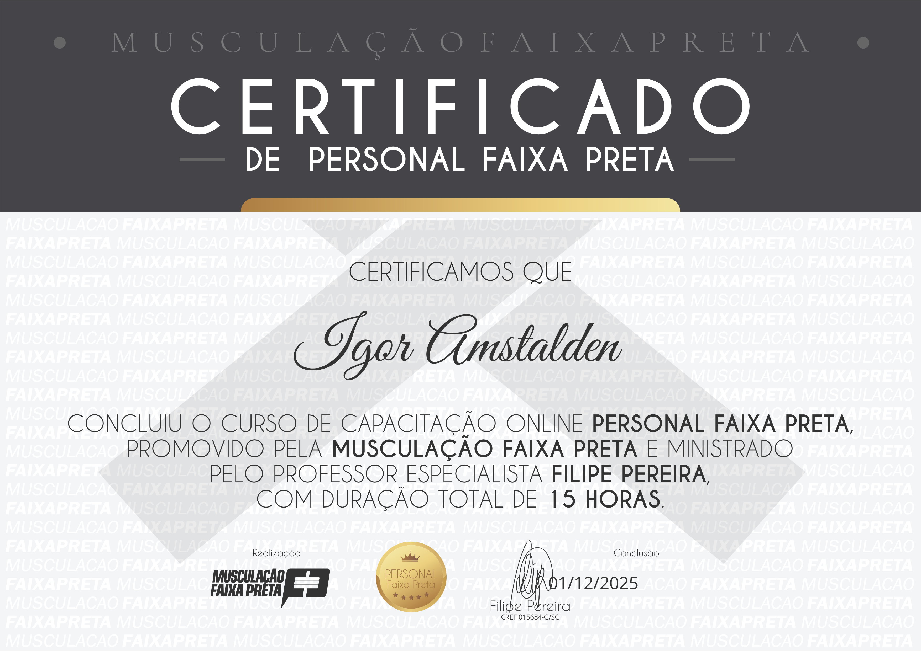 Certificado de Personal Faixa Preta, em nome de Igor Amstalden